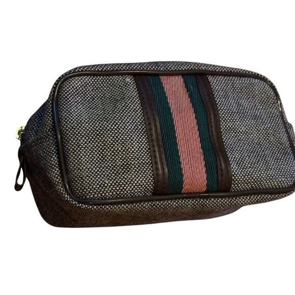 Vintage Tweed Stripe Toiletries Travel Bag Dopp Kit Carry On Gym Compact Luggage - Picture 5 of 6